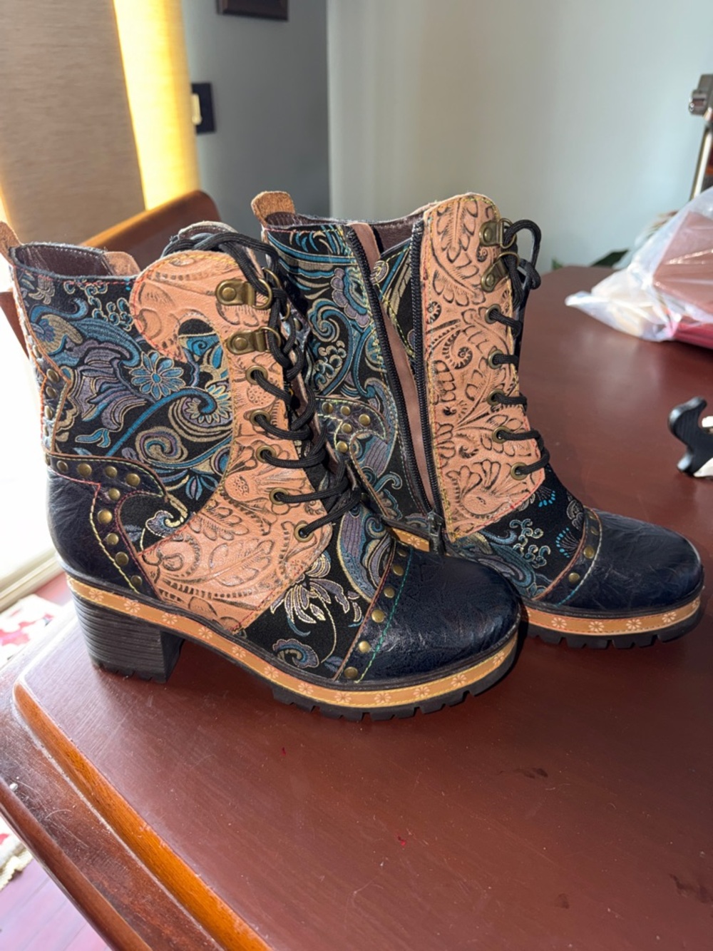 Spring Step Multi-Color Lace-Up Floral Embossed Leather Boots - Picture 2 of 15